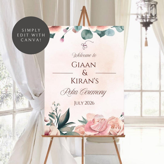 Floral Roka Chunni Welcome Sign Template | Editable Canva Digital Download | A2 Size | Matching Invitation Set | Printable Engagement Sign