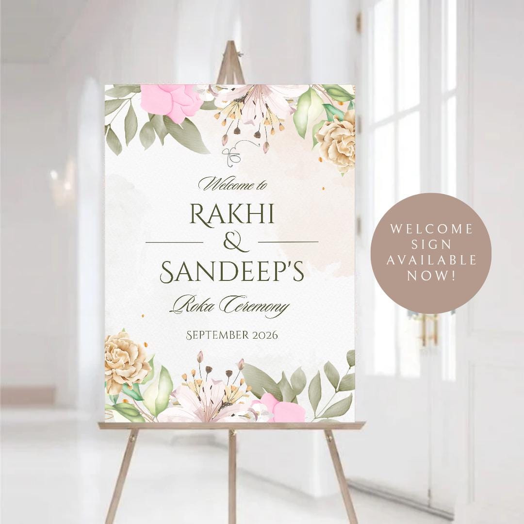 Floral Roka Chunni Welcome Sign Template | Editable Canva Digital Download | A2 Size | Matching Invitation Set | Printable Engagement Sign