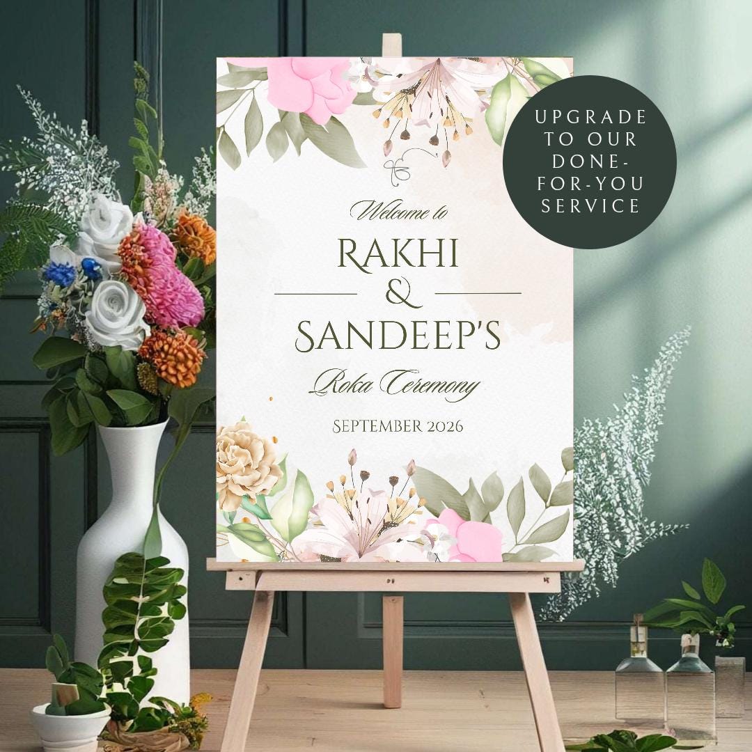 Floral Roka Chunni Welcome Sign Template | Editable Canva Digital Download | A2 Size | Matching Invitation Set | Printable Engagement Sign