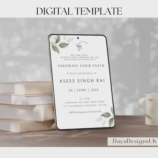 Digital Sukhmani Sahib Paath Invitation, Birthday, Modern, Minimalist Eucalyptus Theme, Canva Editable, Sikh Blessing, 30th Birthday Invite