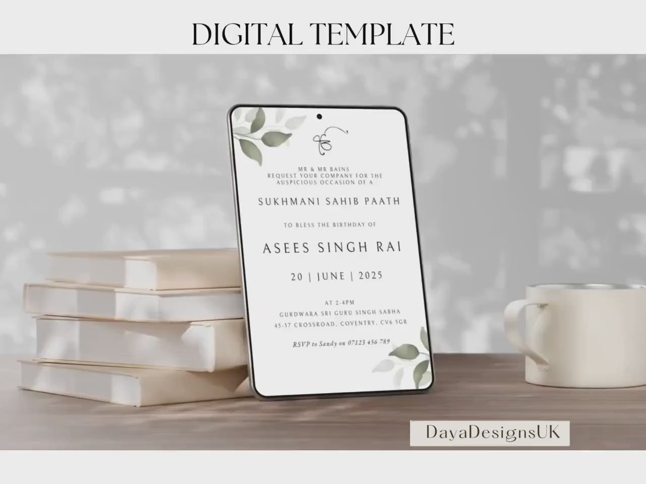 Digital Sukhmani Sahib Paath Invitation, Birthday, Modern, Minimalist Eucalyptus Theme, Canva Editable, Sikh Blessing, 30th Birthday Invite