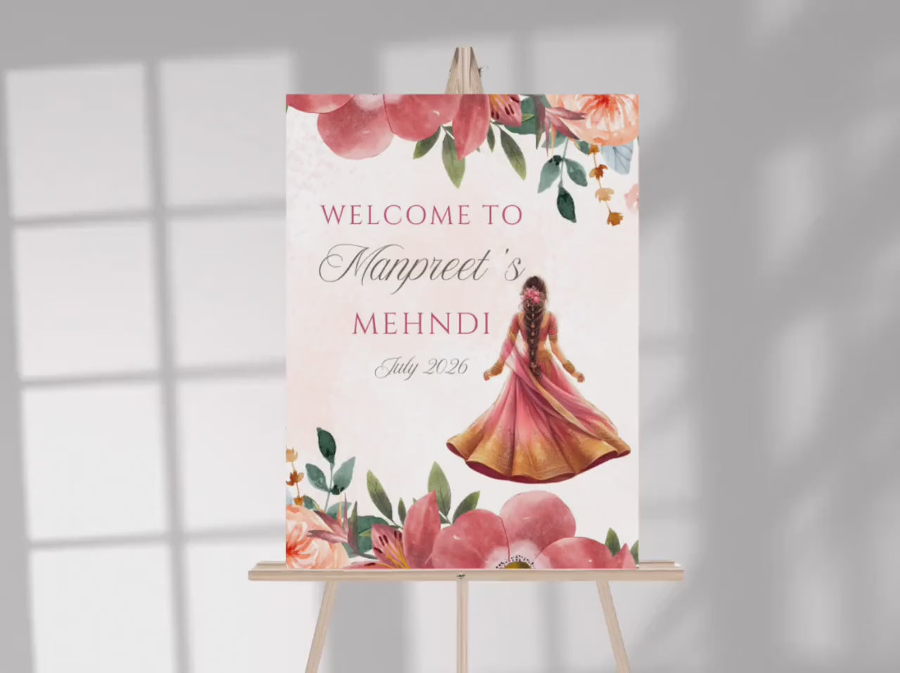 Floral Mehndi Welcome Sign Digital Template | A2 Size | Canva Download | Matching Invitation Set | Sangeet Sign | BONUS Mehndi Decor Signs
