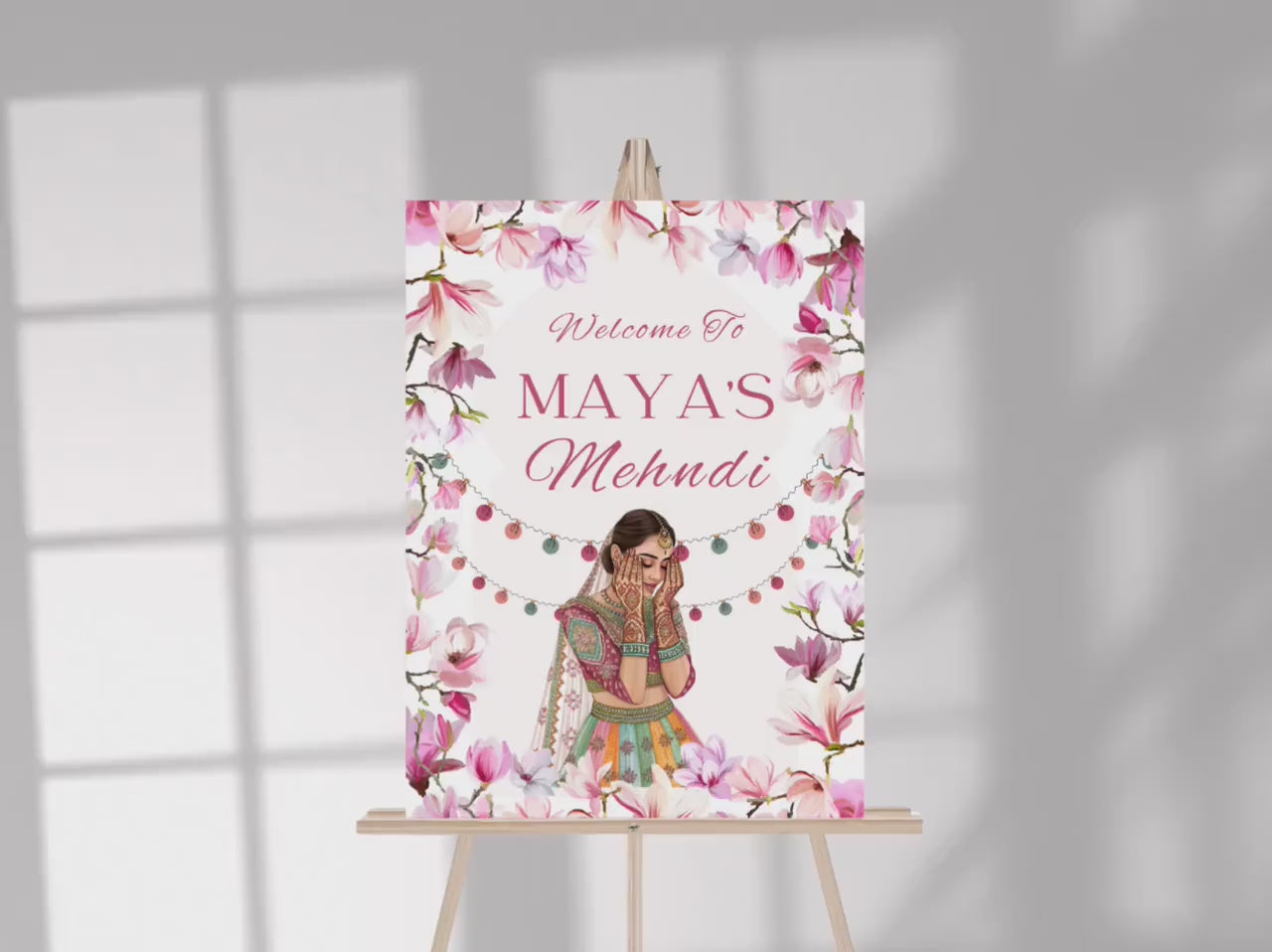 Floral Mehndi Welcome Sign Template | Editable Canva Digital Download | A2 Size | Matching Invitation Set | Printable Engagement Sign