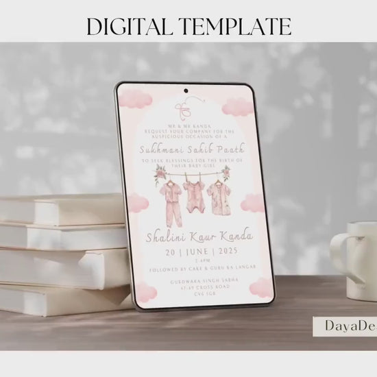 Digital Sukhmani Sahib Paath Invitation, Birth of Girl, Modern Minimalist Pink Baby Clothes, Editable Template, Sikh Programme