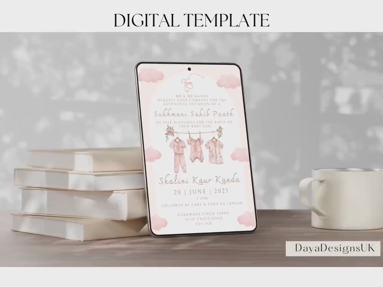 Digital Sukhmani Sahib Paath Invitation, Birth of Girl, Modern Minimalist Pink Baby Clothes, Editable Template, Sikh Programme