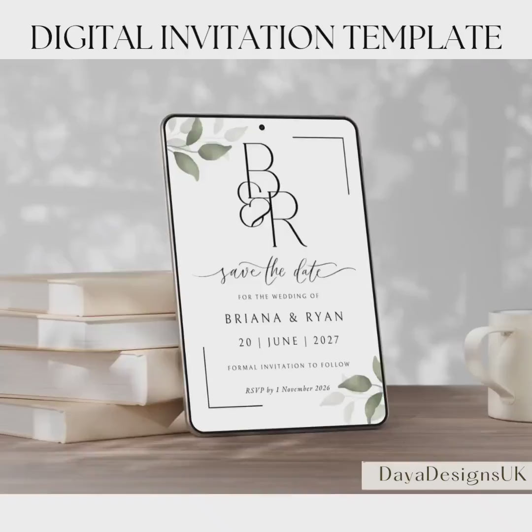 Save The Date Template, Eucalyptus Digital Save the Date Digital Download, Smartphone, Greenery Template, Editable