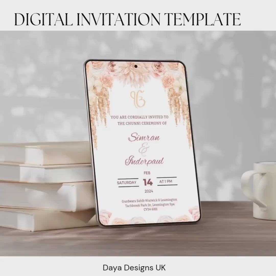 Editable Roka Chunni Takhar Ceremony Invite, Blessing, Modern Neutral Floral, Canva Editable, Sikh Occasion, Engagement DIY Invitation