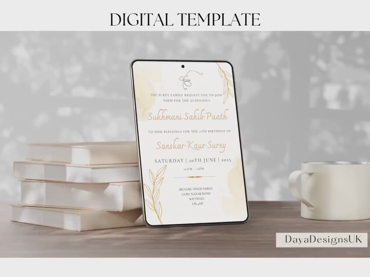 Sukhmani Sahib Path Digital Invitation for Any Occasion, Birthday, Rustic Neutral Gold Theme, Canva Editable, Sikh Programme