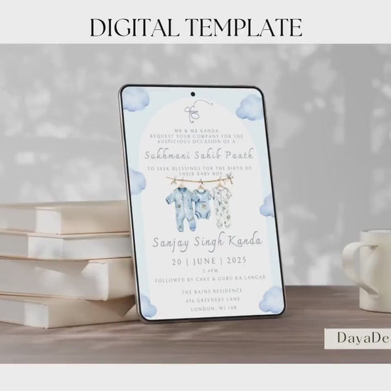 Digital Sukhmani Sahib Paath Invitation, Birth of Boy, Modern Minimalist Blue Baby Clothes, Editable Template, Sikh Programme