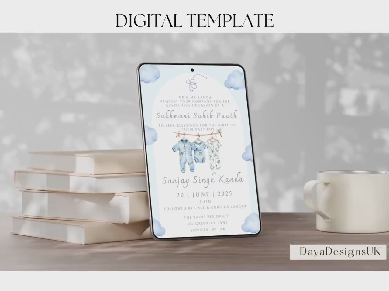 Digital Sukhmani Sahib Paath Invitation, Birth of Boy, Modern Minimalist Blue Baby Clothes, Editable Template, Sikh Programme