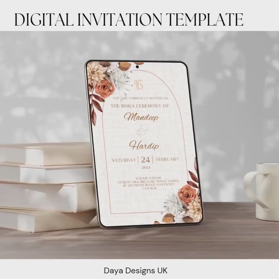 Digital Roka Chunni Takhar Ceremony Invite, Modern Floral Autumn Theme, Canva Editable, Sikh Occasion, Engagement DIY Invitation