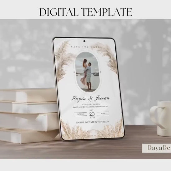 Elegant Pampas Minimalist Save the Date – Indian, Sikh & Hindu Wedding Invitation | Editable Canva Template with Photo Insert