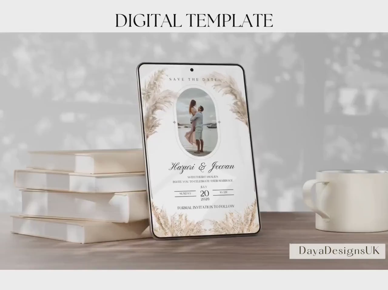 Elegant Pampas Minimalist Save the Date – Indian, Sikh & Hindu Wedding Invitation | Editable Canva Template with Photo Insert