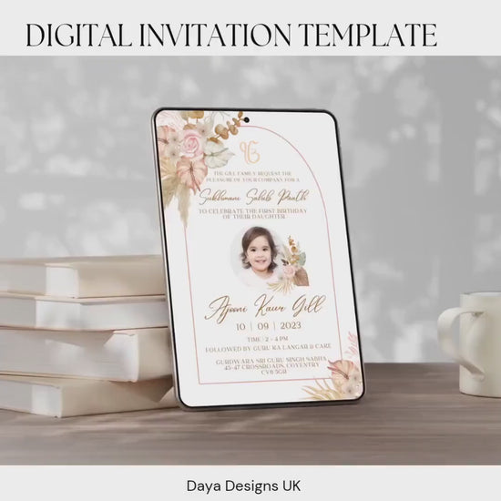 Editable Digital Sukhmani Sahib Paath Photo Invitation, Birth of Daughter, 1st Birthday, Modern Neutral Floral + FREE BONUS Thank you Note
