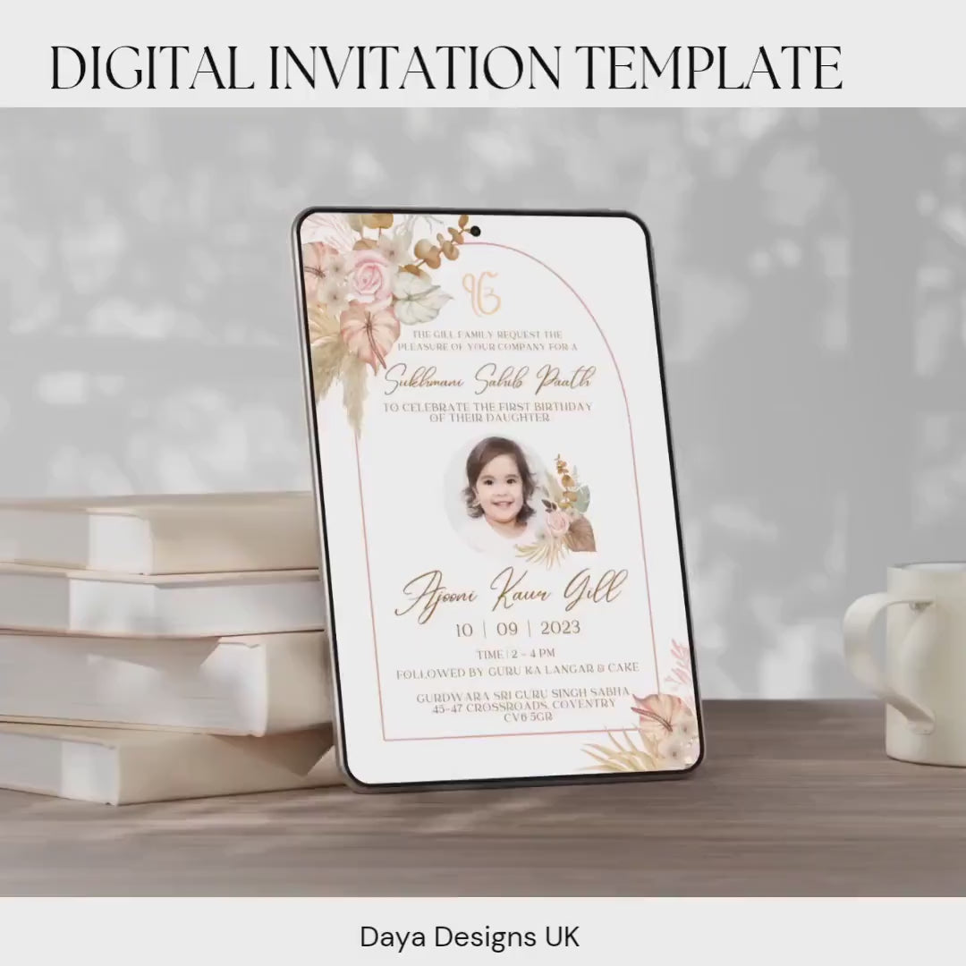 Editable Digital Sukhmani Sahib Paath Photo Invitation, Birth of Daughter, 1st Birthday, Modern Neutral Floral + FREE BONUS Thank you Note