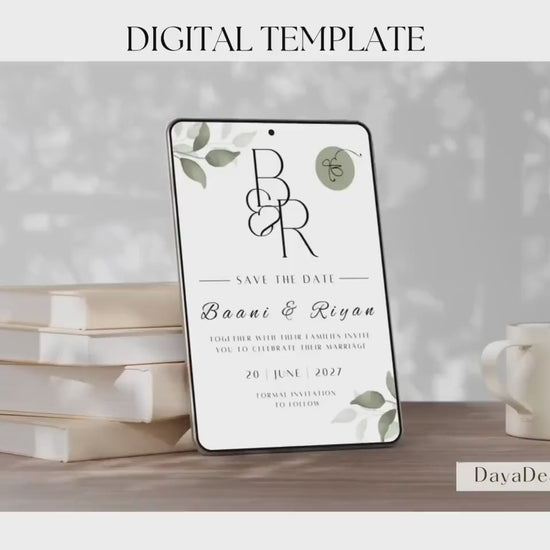 Digital Save the Date Invite, Modern Minimalist Eucalyptus Theme, Canva Editable, Sikh Wedding Invite, Hindu Couple, Wedding DIY Invitation