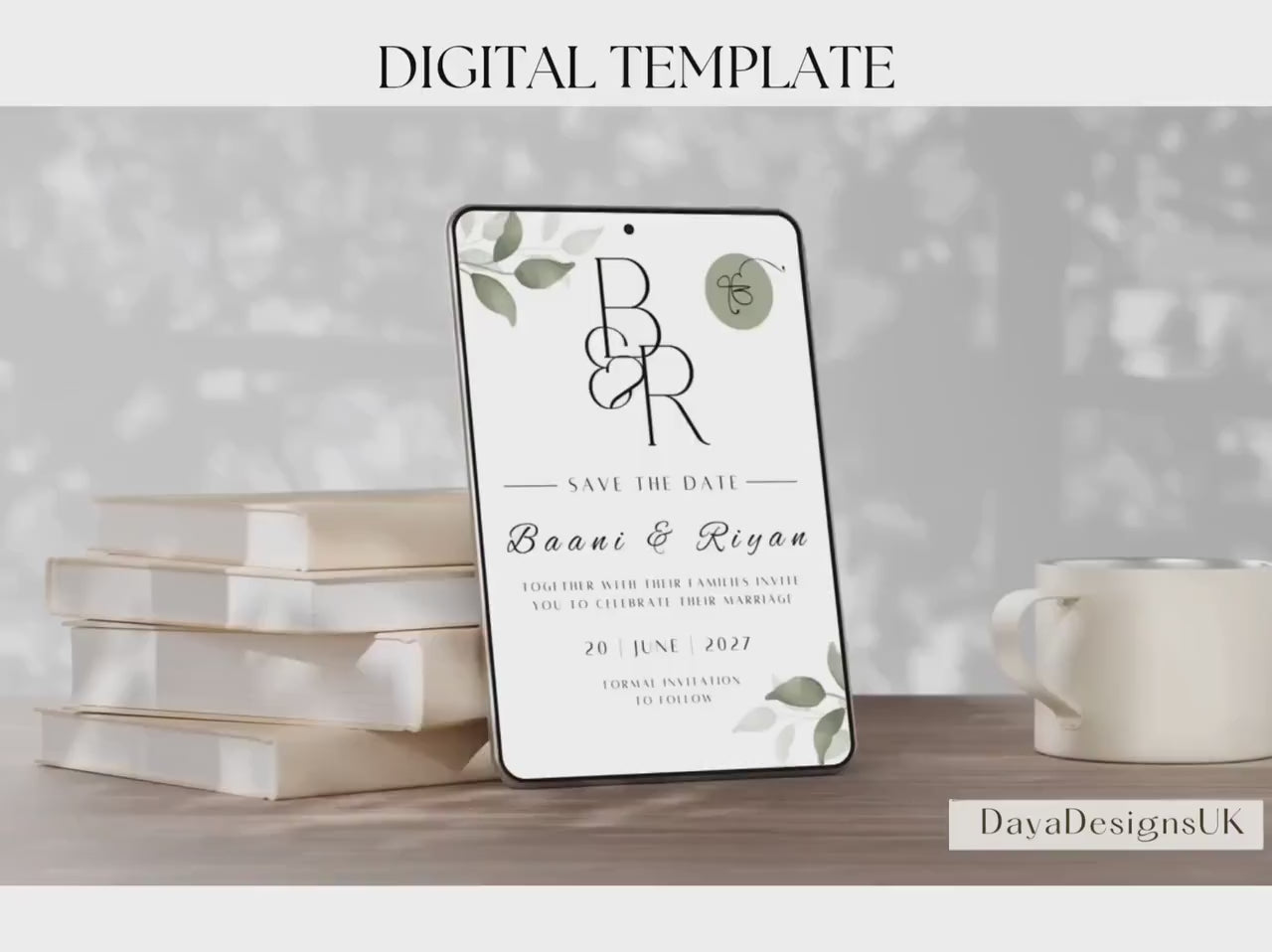 Digital Save the Date Invite, Modern Minimalist Eucalyptus Theme, Canva Editable, Sikh Wedding Invite, Hindu Couple, Wedding DIY Invitation